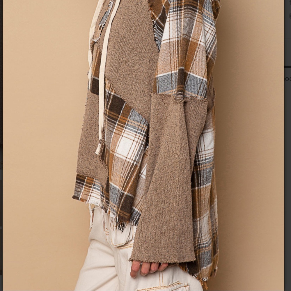 POL Plaid Oversized Hoodie Women's Plaid Contrast Top with Raw edge detail #S28 - Picture 7 of 7